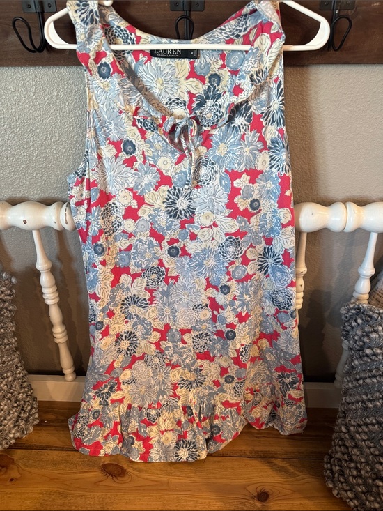 Ralph Lauren Dresses & Skirts - Ralph Lauren Coral Floral Sleeveless Tie-Neck Dress with Blue & Cream Blooms